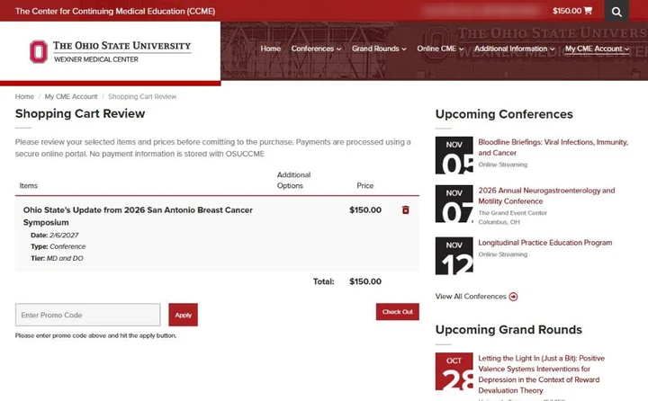 Shopping cart review page on the Ohio State CCME website
