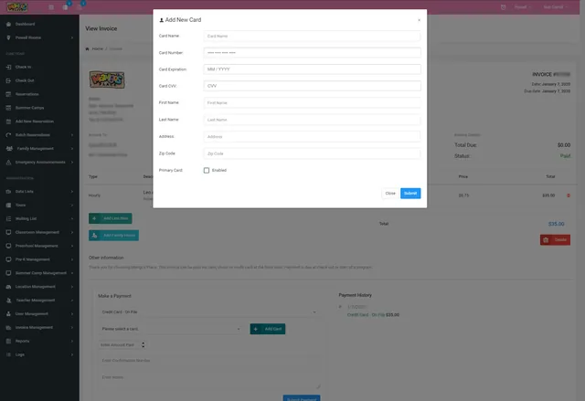 Invoice screen with an add-card form in the Mango’s Place family management system