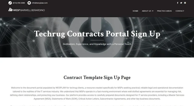 Techrug Contracts Portal sign-up page on the Wesp Barwell Berardino website